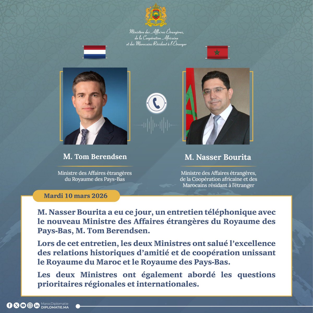 Entretien téléphonique entre M. Bourita et le nouveau Ministre des Affaires Etrangères du Royaume des Pays-Bas